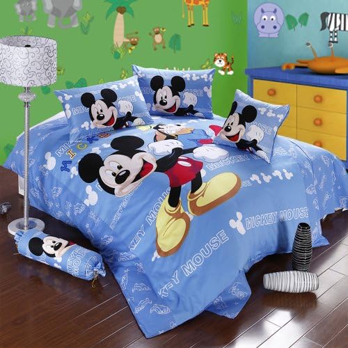 Mickey and Minnie Mouse King Queen Adults Cartoon Bedding Set 4 Pcs Cotton Bed Sheet T13 Blue Linens Doona Duvet Cover and 2 Pillowcase