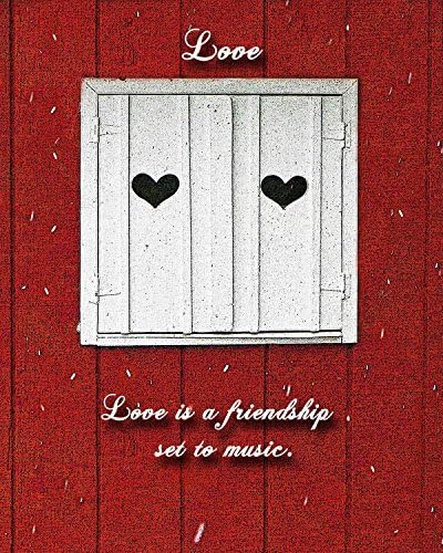 Two of Hearts with Customizable Love Quote. Perfect Valentine's Day gifts. Pretty white window shutters with hearts against a red barn with snow falling. Quotes about love are written on the image.