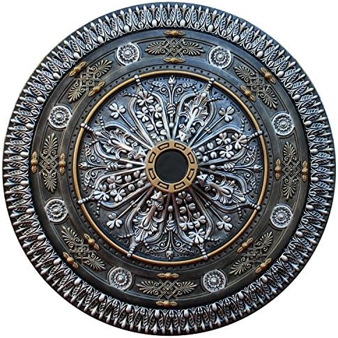 Fine Art Deco "Arabic Caprice III" Hand Painted Ceiling Medallion 37-1/2 In. Finished in Silver, Ivy and Brass