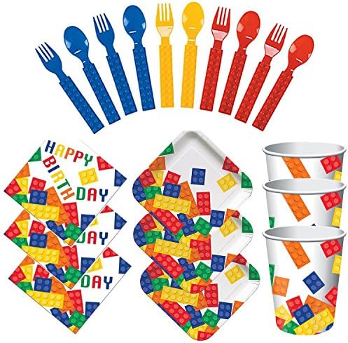 Brick Building Block Birthday Supply Pack for 16 Guests! Bundle Includes Paper Plates, Napkins, Cups &amp; Silverware for 16 Guests