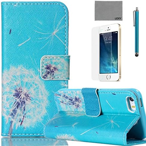 iPhone 5/5S Case, LEXY PU Leather Full Body Case with Credit ID Cards Holders &amp; Stand for iPhone 5/5S with 9H Glass Screen Protector and Stylus (Blue Bottom Dandelion)