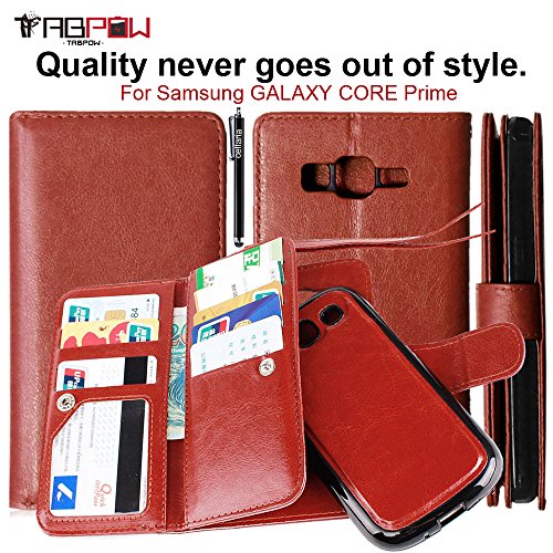 Galaxy Core Prime Case, TabPow 9 Card Slot Series - Wallet Folio PU Leather Case Cover With Detachable Magnetic Hard Case For Samsung Galaxy Core Prime G360, Brown
