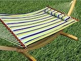 Quilted Fabric Double Hammock with Pillow - Blue/Green Striped