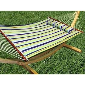 Quilted Fabric Double Hammock with Pillow - Blue/Green Striped
