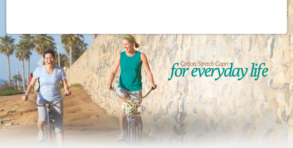Women Riding Bikes on the Beach Wearing Russell Women's cotton stretch capri. 