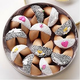DOSE OF GOOD FORTUNES: A Dozen Dark and White Chocolate Hand-Dipped Fortune Cookies Decorated for a Wedding & Nestled in a Gold Container