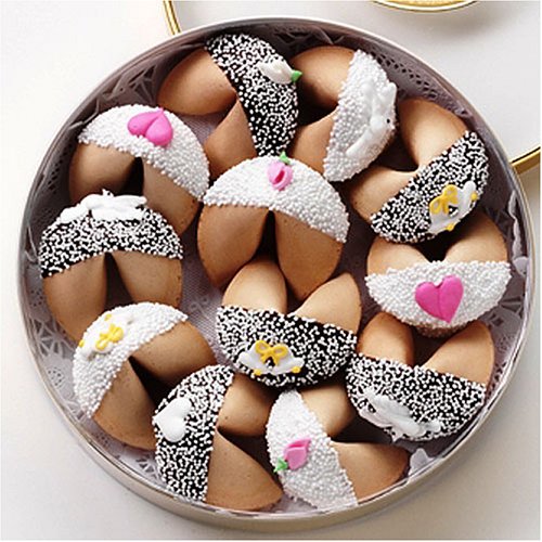 Childrens Toyshop  Gourmet Food : DOSE OF GOOD FORTUNES: A Dozen Dark and White Chocolate Hand-Dipped Fortune Cookies Decorated for a Wedding & Nestled in a Gold Container