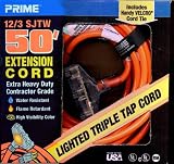Prime 50 Foot Extension Cord with Lighted Triple Tap 12/3 SJTW