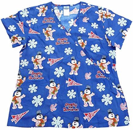 Frosty The Snowman Womens Navy Blue Medical Smock Nurse Scrubs Shirt Top