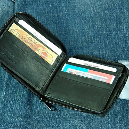 Vintage Black Men's Zipper Leather Wallet with Id Window Front