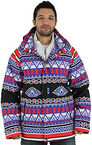 Moda Essentials Men's Aztec Faux Down Ski Jacket Parka Coat X-Large (Blue/Red/White/Black )