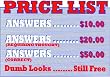 Novelty Sign: Price List (Answers vs Dumb Looks)