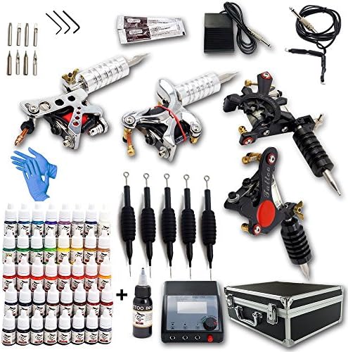 Professional Artist Tattoo Kit 4 Machines 10 Coils Complete Inks LCD Dual Output Power Supply Carrying Case