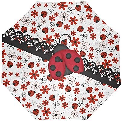Hipster Funny Ladybug on Daisy Auto Folding Travel Umbrella Portable Foldable Sun Rain Umbrella