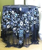 Oversized Fringed Floral Embroidered Velvet Piano Shawl Scarf Tablecloth Blue