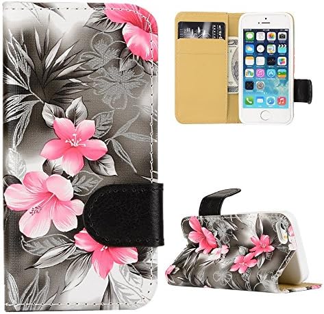 iPhone 5S Case, iPhone 5/SE Case, SAUS [Full-Protection] Floral Print Dual-Use Premium PU leather Flip Fold Wallet Case with Build in Card slots &amp; Stand For Apple iPhone 5S 5 SE (Black)