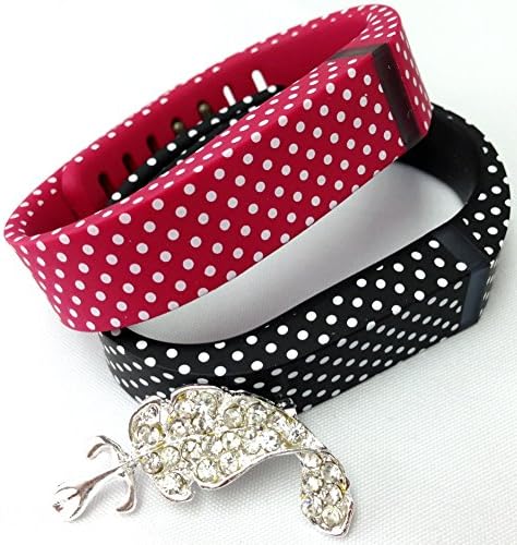 Set Small Size 1 Red with White Dots Spots 1 Black with White Dots Spots Colors Bands for Fitbit FLEX Only With Metal Clasps Replacement /No tracker/+ Nice Crystals Feather Brooch