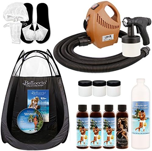 Complete Belloccio Turbo Tan Deluxe (Model T65) Professional Sunless HVLP Turbine Spray Tanning System; Pint Simple Tan 8% DHA Solution, 4 Solution Variety Pack, Tent, Cups, Acc. &amp; DVD