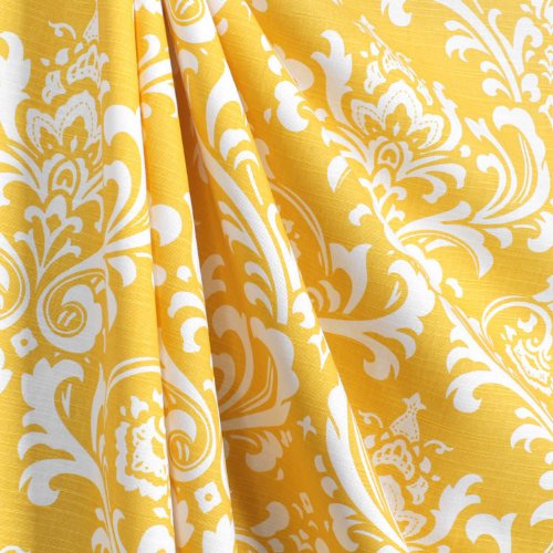 Yellow and White Damask Drape, One Grommet Top Curtain Panel 120 inches
