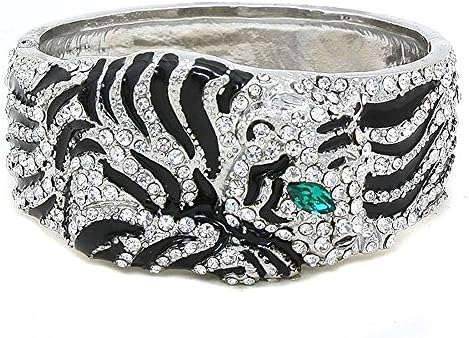 Tiger Green Crystal Eye Rhinestone Wild Animal Print Cat Wide Hinged Bangle Bracelet