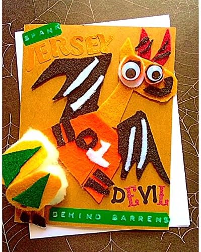 Spank Jersey Devil BEHIND Barrens!!. LOL Handmade Hilarious Halloween Mooning Jersey Devil Pop up Buttocks Card with pine trees on the ass. Front Text: Spank Jersey Devil Behind Barrens.