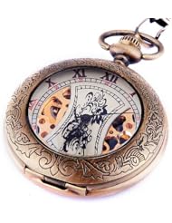Skeleton Pocket Watch Chain Antique Look Mechanical Hand Wind Up Half Hunter Value Quality - PW14
