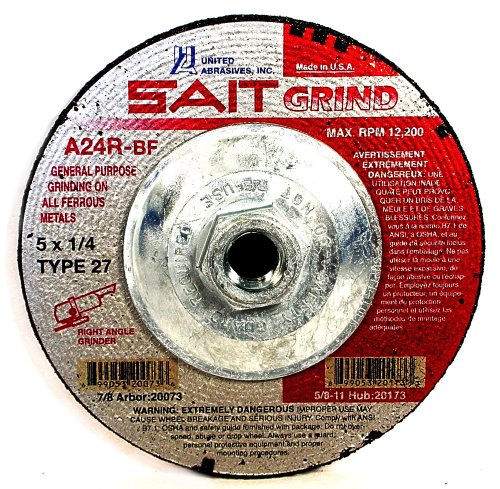SAIT 20173 Type 27 5-Inch x 1/4-Inch x 5/8-11 12200 Max RPM Grade A24R Long Life Depressed Center Grinding Wheels - 10 Pack