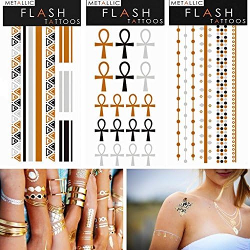 Metallic Jewelry Gold, Silver & Black Design Flash Tattoos, Temporary Bling- Package of 3 Sheets 3" x 6.5"