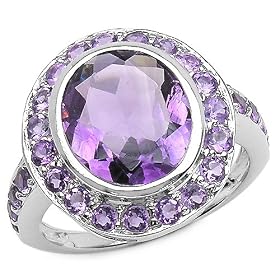 5.60 Carat Genuine Amethyst Oval and Rounds Silver Ring by