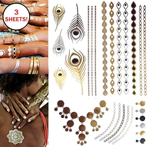 Metallic Jewelry Gold, Silver & Black Design Flash Tattoos, Temporary Bling- 3 Sheets 5.5" x 8.5"- Great Christmas Gift!