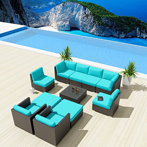 NEW Uduka Bangalore 11 Pcs Outdoor Turquoise Sectional Patio Furniture Espresso Brown Wicker