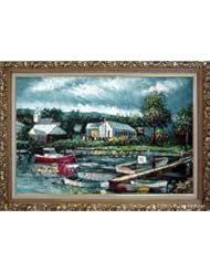 Boats, Canoe Park on Port Large Oil Painting, with Ornate Gold Wood Frame 30x42 Inch