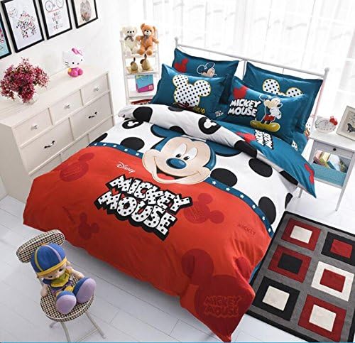 Disney Pattern Comforter Cover Set 4pc Cartoon Bedding Set Mickey Minnie Bed Sheet Quilt Pillow Cover (Queen, Mickey Mouse)