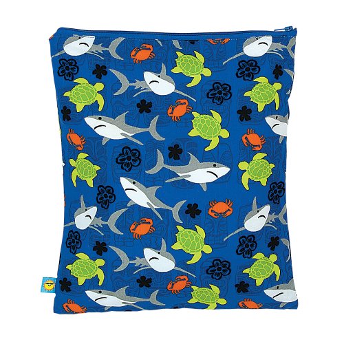  The Sun Smarties Waterproof Swimsuit Bag has a waterproof lining, soft fabric shell, and leak-proof, heat-sealed seams, plus a full-width zipper little hands can manage.  12"  (W)  x  14"  (H).  Machine wash.            via Sun Smarties Waterproof Swimsuit Bag