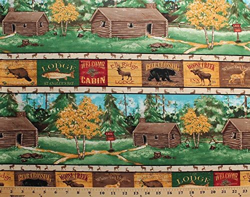 Cotton Summer Lodge Cabins Woods Forest Animals Lake Repeating Stripe Multi (4 Strips Per Yard) Cotton Fabric Print by the yard (1887-38748-723s)