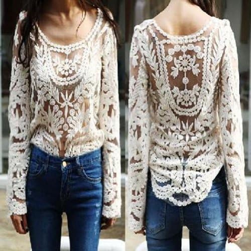 global shopping@2013 New Semi Sexy Sheer Sleeve Embroidery Floral Lace Crochet Tee Top T shirt Vintage White Color