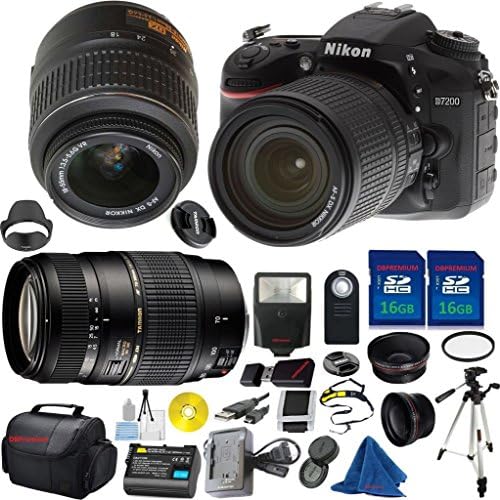Nikon D7200 DX-Format DSLR Digital Camera Body, Nikon 18-55mm VR Lens, Tamron 70-300mm DI LD Zoom, 2pcs 16GB DBPREMIUM Memory, Case, Wide Angle, Telephoto, Flash