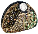 Sophisticated Half-moon Handmade Seed Beaded Emerald Gems Rhinestone Closure Hard Case Clutch Evening Handbag Purse w/Hidden Chain
