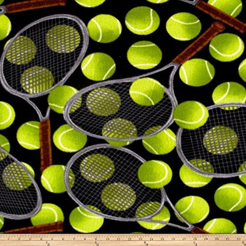 1 Yard - Tennis Racket &amp; Balls Tossed on Black Fleece Fabric (Great for Quilting, Sewing, Craft Projects, Blankets &amp; More) 1 Yard x 60"