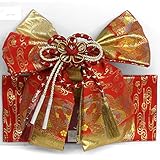 七五三 女児五歳用 高級金襴織 お子様結び帯 赤地に金ぼかし 観世水と花扇 OG-152