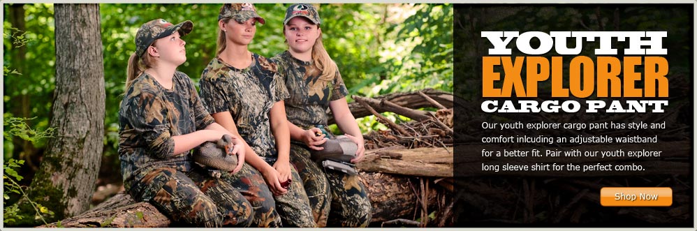 Teenager and Two Girls Sitting in Woods Wearing the Russell Outdoors Youth Explorer Cargo Pant