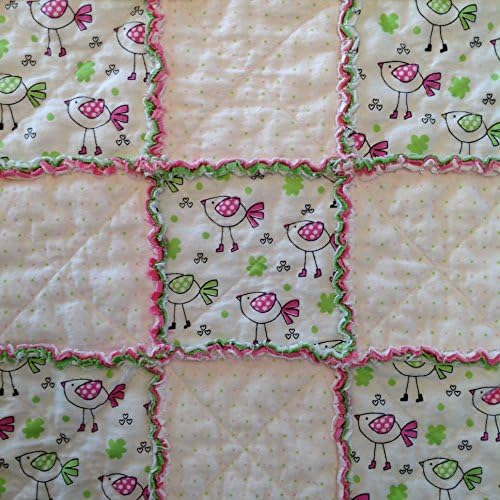 Pink Green Baby Bird Rag Quilt / Baby Boy Girl Nursery Blanket / 36" x 36" / FREE SHIPPING / In Stock and Ready to Ship