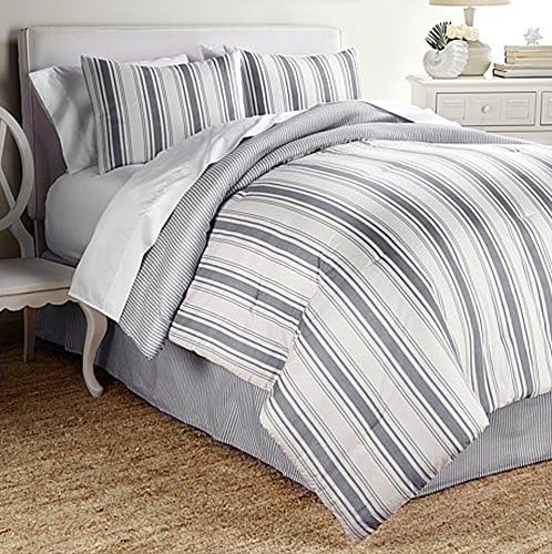 India Hicks Run Away Ticking Stripe 4-piece Comforter Set ~ Queen~CHARCOAL