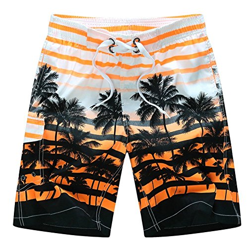 Yete Men's Colorful Stripe and Coconut Tree Printing Beach Board Shorts