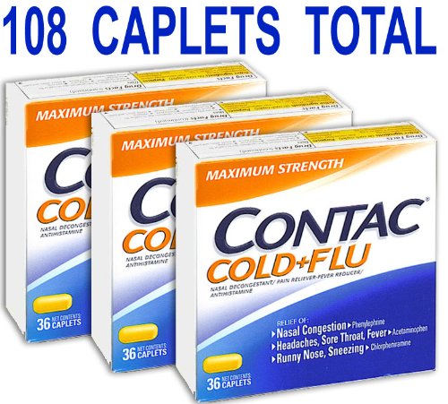 [3 Pack] Contac Cold & Flu, Nasal Decongestant/Pain Reliever-Fever Reducer/Antihistamine, Maximum Strength 36 Caplets