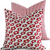 Lipstick Red Wildflowers Collection - Designer 18" Square Boutique Throw Pillow Cover - 1 Cover Included - Flowers and Stripes - Red and White Hues - 1 Pillow Cover Included