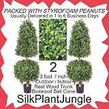 1 lot of 2 Artificial Outdoor Indoor 3 foot 7 inch Boxwood Ball Cone Topiary Trees, real wood trunk, potted in nursery pot, packed with peanuts