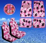 11pc Pink Hawaiian Print Car Mats Seat Steering Wheel Cover Set