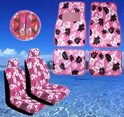 11pc Pink Hawaiian Print Car Mats Seat Steering Wheel Cover Set