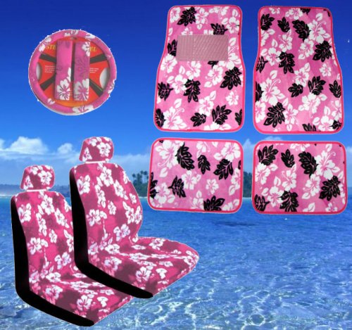 11pc Pink Hawaiian Print Car Mats Seat Steering Wheel Cover Set
